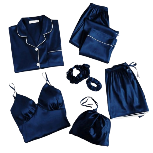 6-Piece Blue Satin Loungewear Set