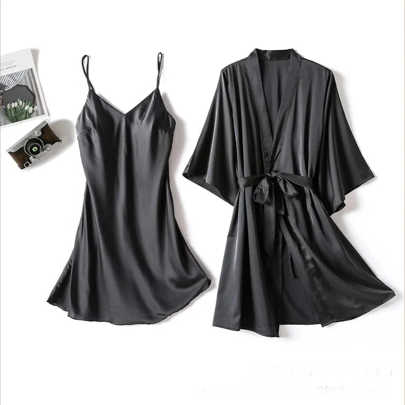 Silk Robe with Long Sleeveless Top – 2 Piece