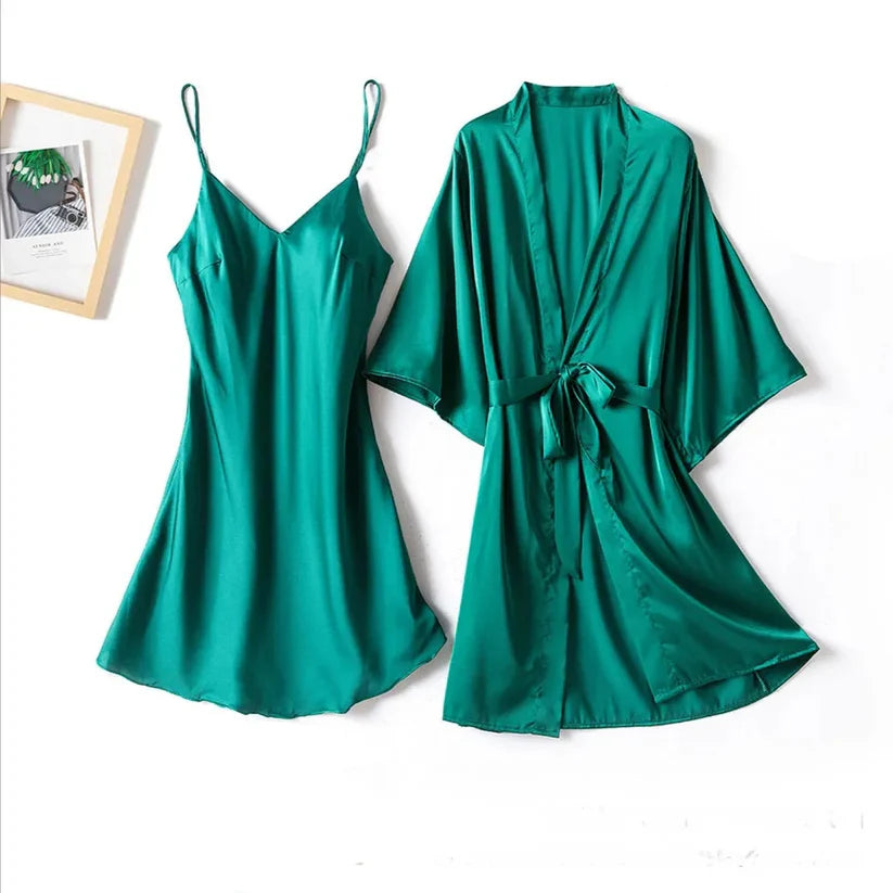 Silk Robe with Long Sleeveless Top – 2 Piece