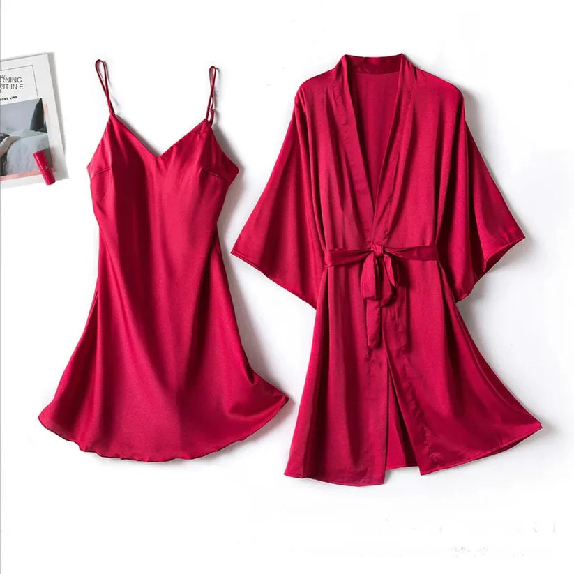 Silk Robe with Long Sleeveless Top – 2 Piece