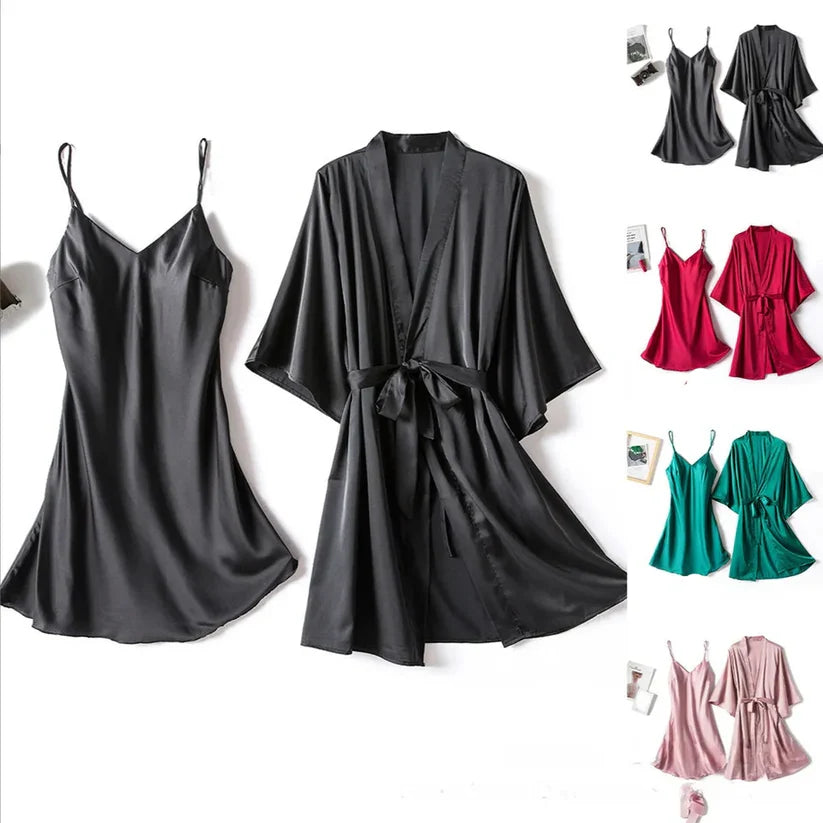 Silk Robe with Long Sleeveless Top – 2 Piece