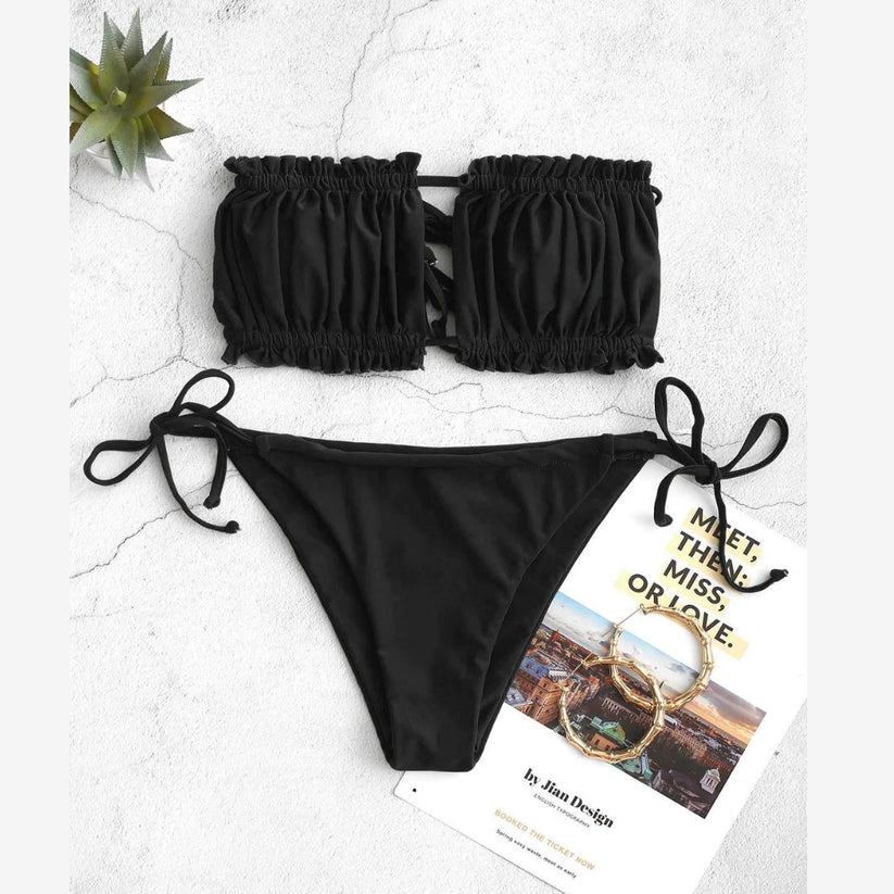 Bikini Set – Ruffle Strapless Tie Side High-Cut Bikini