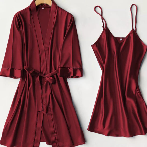 Silk Robe with Long Sleeveless Top – 2 Piece Women’s Nightwear Set