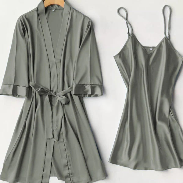 Silk Robe with Long Sleeveless Top – 2 Piece Women’s Nightwear Set