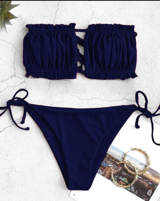 Bikini Set – Ruffle Strapless Tie Side High-Cut Bikini