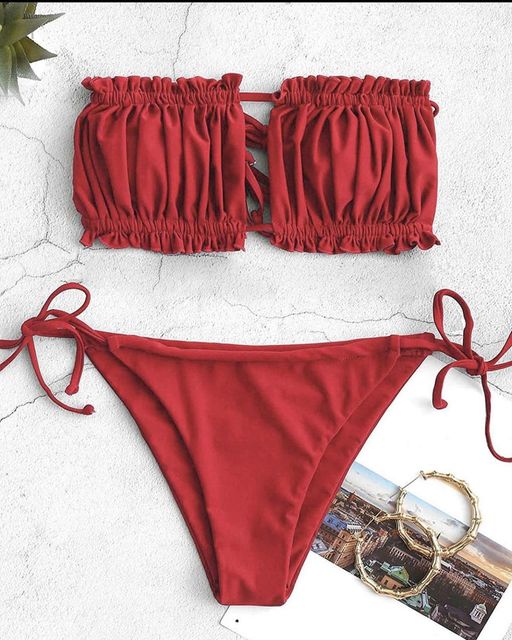 Bikini Set – Ruffle Strapless Tie Side High-Cut Bikini